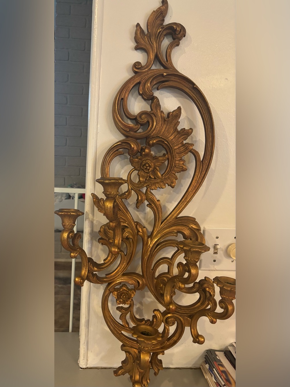 Vintage syroco wall sconce gold resin extra large candle sconce retro regency